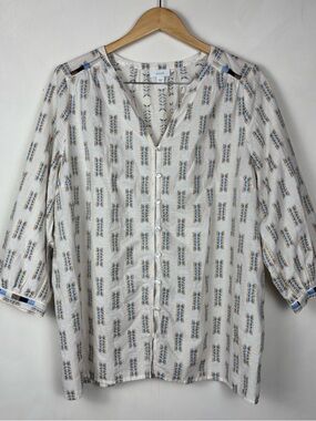Pure Jill Ivory Geometric Print Button Front Blouse Women's L 3/4 Sleeve V-Neck